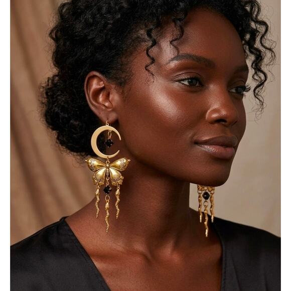 Free People Jewelry - Gold Butterfly Onyx Stone Dangle Earrings